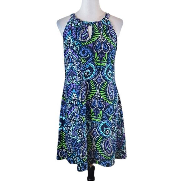 Jude Connally Blue and Purple Paisley Sleeveless Dress, Size L - Picture 1 of 5